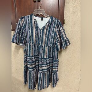 SHEIN Blue and Cream Patterned Midi Dress